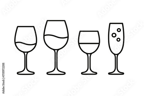 Stylish wine and champagne glasses line icon set, elegant glassware collection, vector cartoon illustration, transparent background, ordered set of 4 drinkware designs