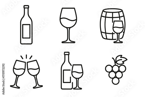 Minimalist wine tasting outline icon set, elegant beverage collection, vector cartoon illustration with wine bottle, glass, barrel, grapes, and cheers symbol, transparent background