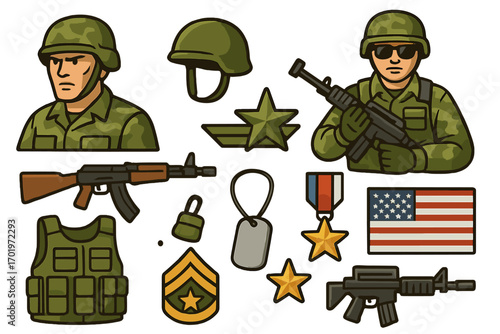 Military icons featuring soldiers in combat gear, tactical helmet, rifles, dog tags, medals, USA flag, body armor, rank insignia, and valor symbols, vector cartoon set