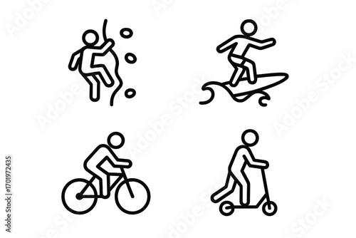 Adventure sports line icon set. Extreme activity pictogram collection. Climbing, surfing, biking, scootering symbols. Active lifestyle, outdoor recreation vector graphics.