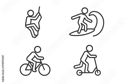 Adventure sports line icon set. Climbing, surfing, biking, scootering pictogram collection. Extreme outdoor activities symbols. Vector linear outline style for web design.