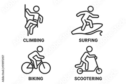 Adventure sports line icon set. Climbing, surfing, biking, and scootering symbols. Extreme outdoor activities pictogram collection. Vector outline illustration for active lifestyle.