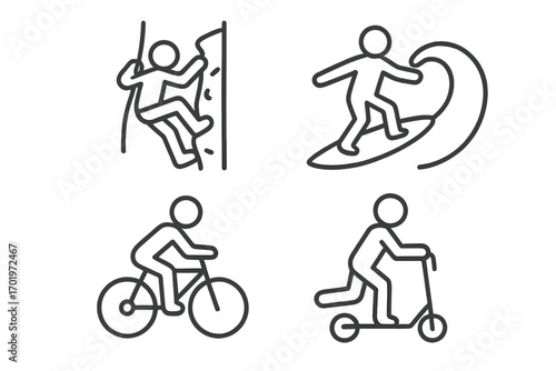 Adventure sports line icon set. Climbing, surfing, biking, and scootering symbols. Outdoor activity and extreme sport vector pictograms for web and print design.