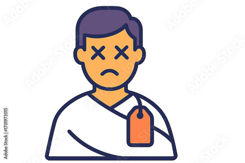 Cartoon character with sad expression wearing a medical bandage Postmortem