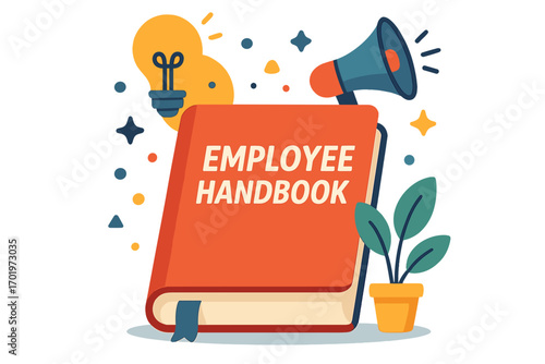 Employee handbook with light bulb and megaphone in colorful design  