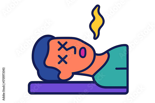 Cartoon character lying flat with crossed eyes and fainting expression Postmortem