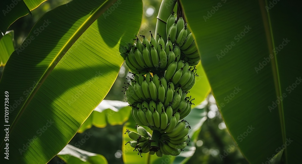 Obraz premium Green banana bunch hanging among lush tropical leaves