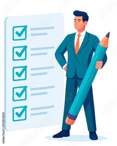 Confident professional completing digital checklist with giant pencil for modern business solutions