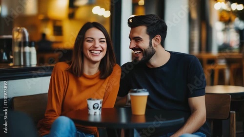Joyful couple enjoying coffee together in cozy cafe, sharing laughter and smiles during casual date in urban setting