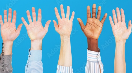 Diverse hands raised together on blue background, symbolizing unity, equality, and community.