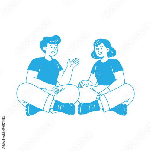 Two people are sitting and talking isolated on white background