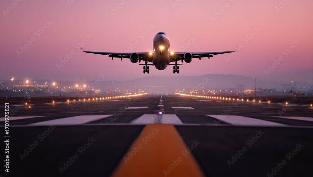 Fototapeta premium Airplane Landing at Dusk: A Breathtaking View