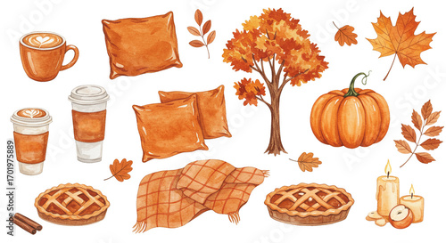 Fototapeta Naklejka Na Ścianę i Meble -  Watercolor autumn illustration. Coffee latte cup, pumpkin, pie, tree, foliage, pillow, candle, isolated. 