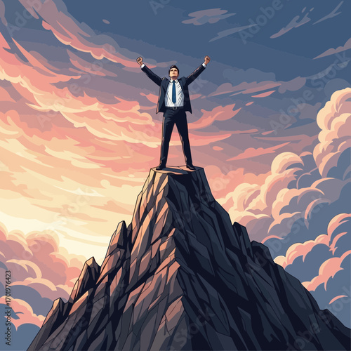Businessman celebrating on mountain peak silhouette isolated on white background