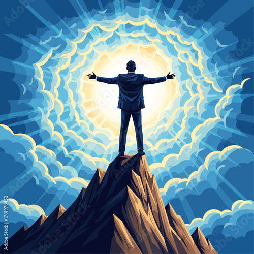 Silhouette of a businessman on a mountain peak with arms outstretched in a radiant sky isolated on white background