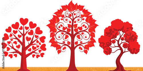 Decorative Red Trees with Heart and Leaf Patterns in Artistic Style for Nature, Love, Wedding, or Seasonal Vector Design