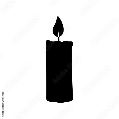 Black silhouette of a burning candle with melted wax drips isolated on white