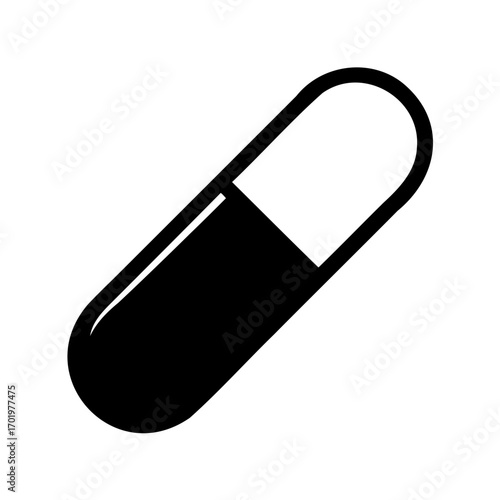 Black and White Icon of a Capsule Pill Isolated on White Background