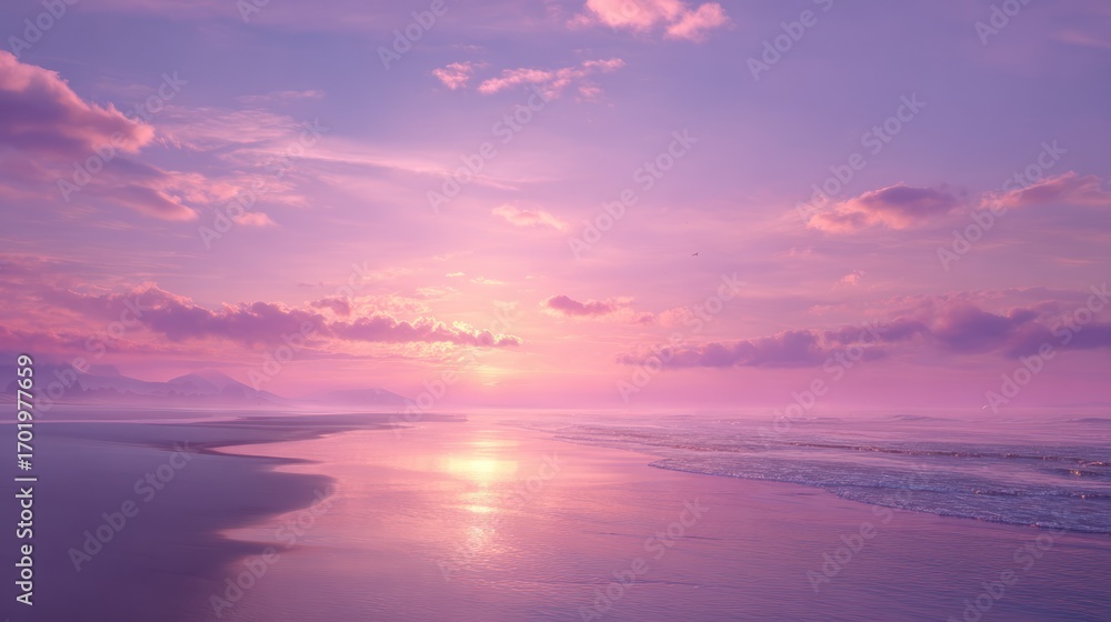 Fototapeta premium Pink Purple Sunset Over Calm Beach with Gentle Waves and Soft Clouds in Tranquil Scene