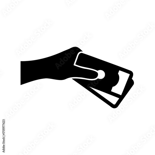 Black and white icon depicting a hand holding two paper money bills