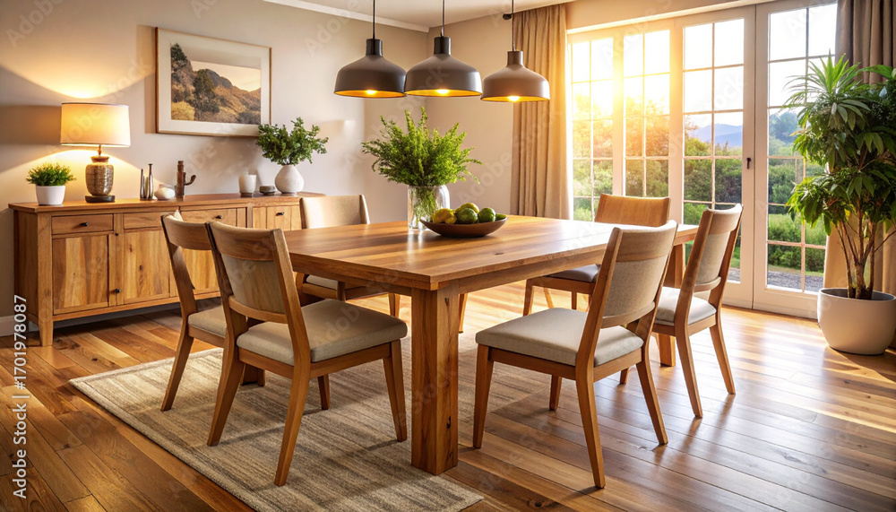 Fototapeta premium Sunlit Dining Area with Wooden Table and Chairs