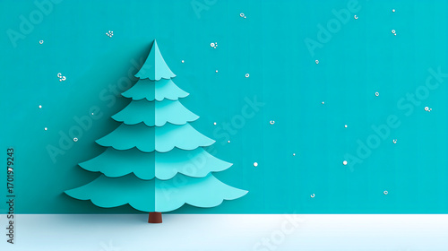 A stylized paper Christmas tree with layers stands on a snowy bank against a blue background with paper snowflakes. The scene evokes a winter Holiday mood.