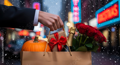 Hand placing gift in shopping bag with pumpkin and roses in times square at night