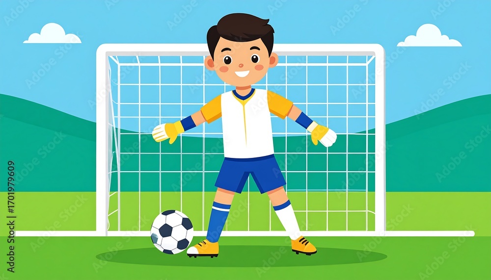 Fototapeta premium A cheerful young soccer goalie stands ready, positioned in front of a vibrant green field and a white goal, with a soccer ball at their feet.