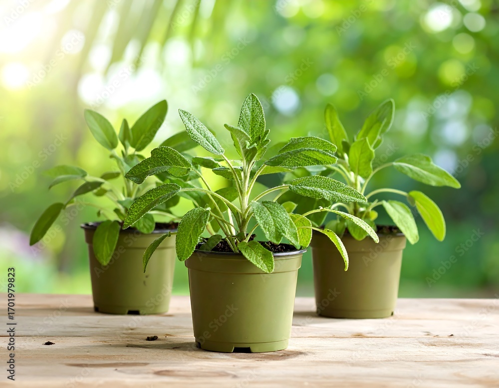 Fototapeta premium Three small sage plants in olive-green pots sit on a light brown wooden surface, bathed in soft natural light.