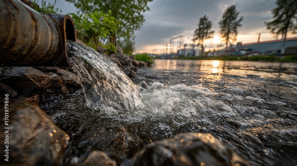 Obraz premium Industrial Wastewater Discharge Flowing From a Metal Pipe Into a River, Causing Water Pollution
