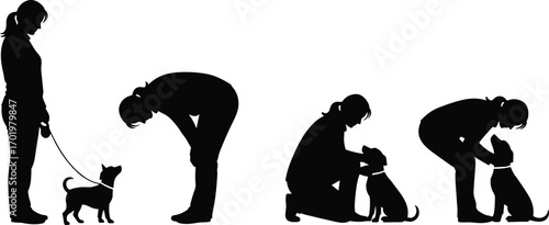 Dog training silhouette vector illustration of woman teaching pet commands, interaction, obedience, leash walking, and bonding in black design.