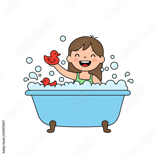 Happy cartoon girl taking a bubble bath in a blue tub with red rubber ducks. Illustration of childhood hygiene, daily routine, and bath time fun
