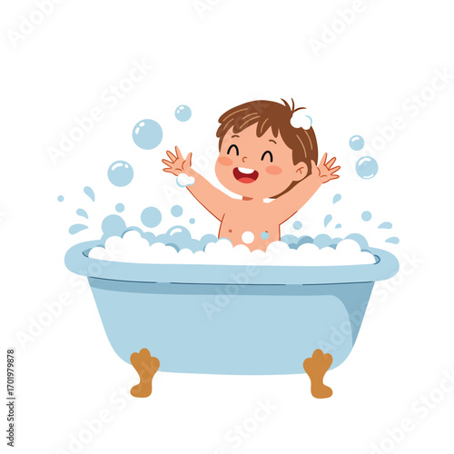 Cheerful little baby boy enjoying a bubble bath, happily playing with soap foam and water splashes. Concept of daily hygiene and childhood fun