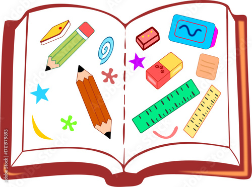Playful school vector featuring a book icon with school supplies drawing in a fun style. Perfect for education themes, classroom posters, learning projects, and creative academic illustrations.