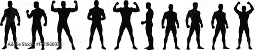 Bodybuilder silhouette poses, strong muscular man, fitness vector design, gym workout illustration, bodybuilding artwork, flexing athlete, strength training graphic, sports silhouette