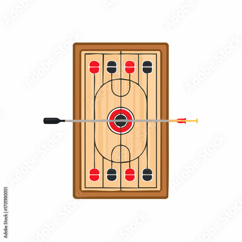 Tabletop Crokinole Board Game Illustration with Discs and Cue Stick for Fun, Family Game Night and Competitive Play