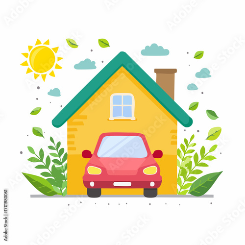 Cartoon illustration of a car in front of a house with sun leaves and clouds