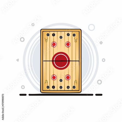 Simplified illustration of a wooden shuffleboard table with red and black pucks and court markings