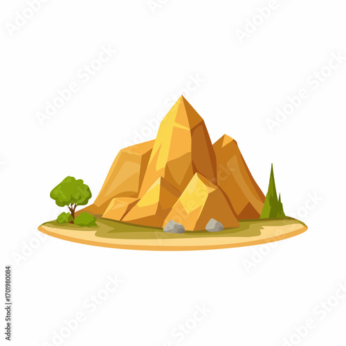 Cartoon yellow rocky mountain landscape with sparse trees and green bushes