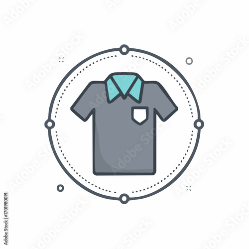 Flat design polo shirt icon with turquoise collar and breast pocket in a dotted circle