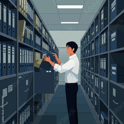 Businessman navigating a labyrinth of files and documents, symbolizing data management, research, and information retrieval