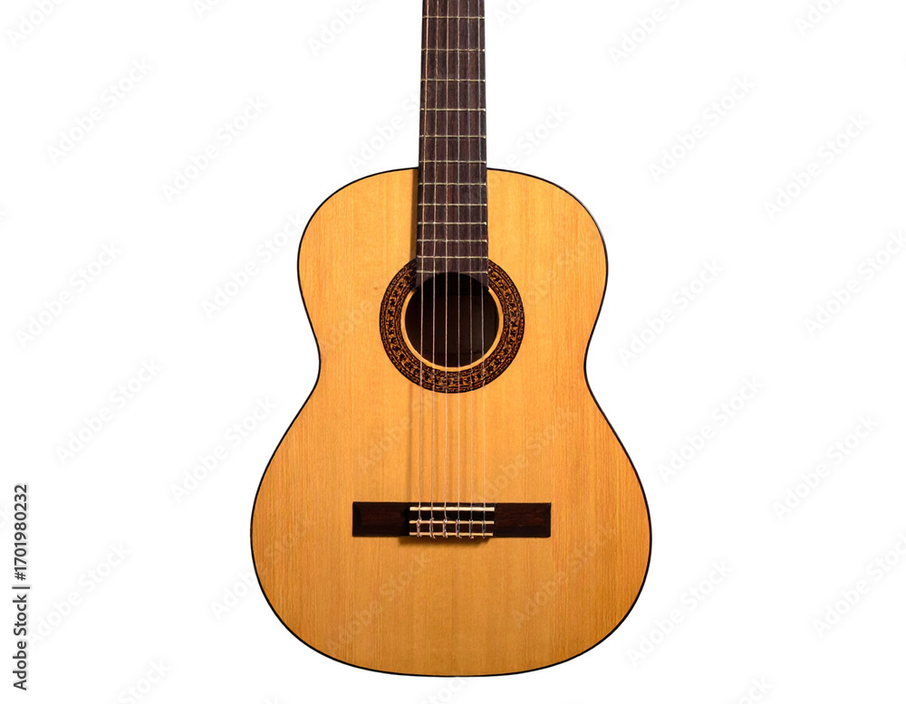 Obraz premium Full Classical Guitar Front View, Light Brown Wood with Dark Accents, Isolated on Transparent Background