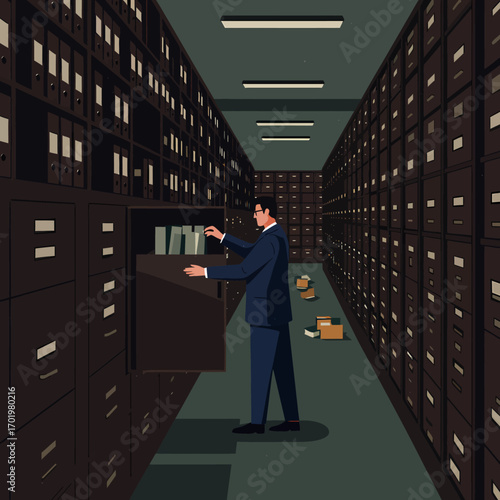 Man Searching Through Rows of Filing Cabinets for Information