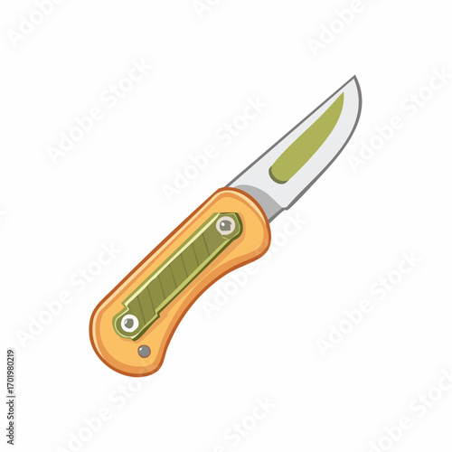 Sharp open folding utility knife illustration with orange handle and green textured grip design