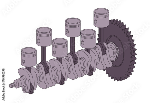 Detailed illustration of internal combustion engine crankshaft with pistons and a gear represents mechanical engineering automotive design and power generation concepts