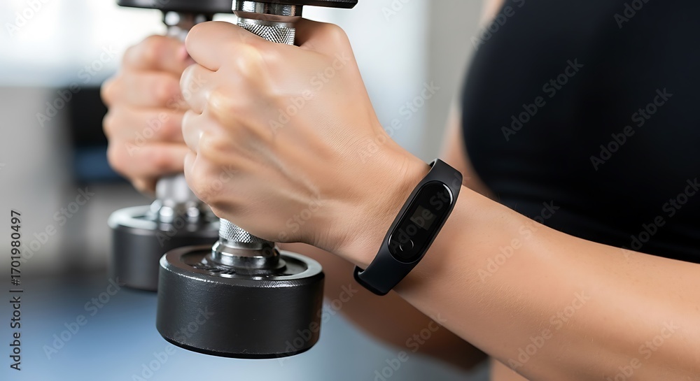 Naklejka premium Close-up of womans hands holding dumbbells and wearing a fitness tracker