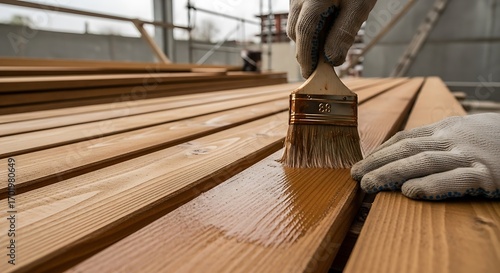 Applying protective varnish on wooden planks with brush for home improvement