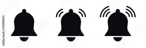 Set of black bell icons isolated. Notification ringing symbol in flat style. Alert sign, reminder icon, alarm bell silhouette illustration for user interface and web design
