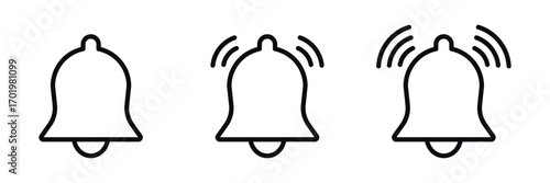 Set of black bell icons isolated. Editable stroke. Notification ringing symbol in flat style. Alert sign, reminder icon, alarm bell silhouette illustration for user interface and web design