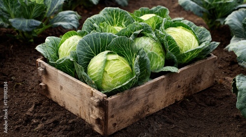 cabbage, green, fresh, wooden, crate, soil, garden, field, vegetable, harvest, farm, agriculture, farming, organic, natural, healthy, food, raw, crop, box, plant, growing, leaves, head, ripe, diet, ve